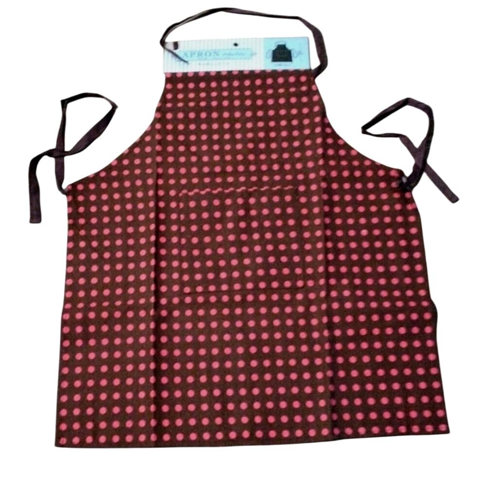 New Apron Polka Dot Brown Pink Gourmet Cook Mom BBQ Party Gift Pocket Cotton Uni